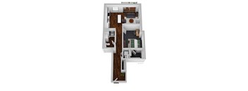 A floor plan of a two-story home with a living room, dining room, kitchen, and two bedrooms.