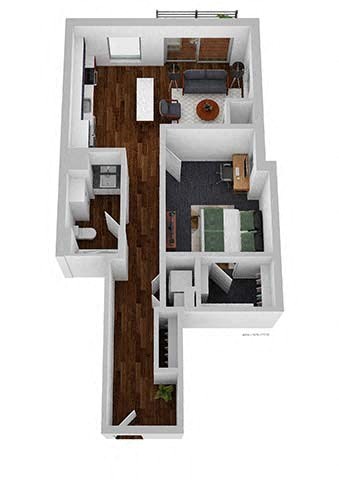 A floor plan of a two-story home with a living room, dining room, kitchen, and two bedrooms.