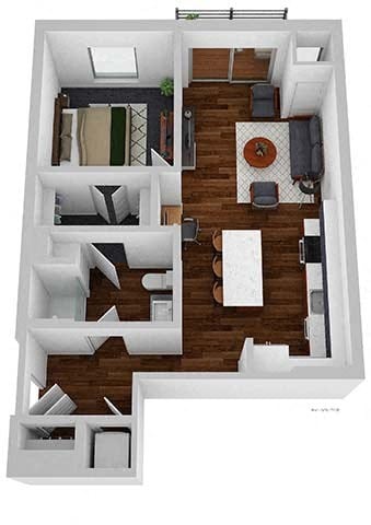 A 3D floor plan of a small apartment with a kitchen, living room, and bedroom.