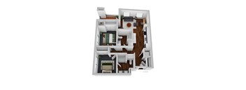 A 3D floor plan of a house with a kitchen, living room, and two bedrooms.