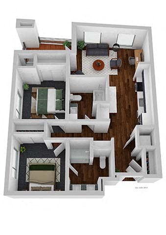 A 3D floor plan of a house with a kitchen, living room, and two bedrooms.