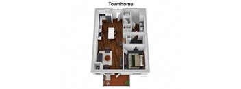 A top down view of a small townhouse with a living room, dining room, kitchen, and bedrooms.