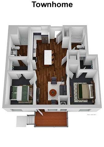 A top down view of a small townhome with a living room, dining room, kitchen, and bedrooms.