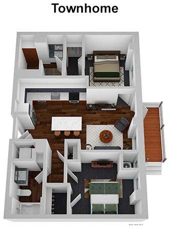 A 3D layout of a townhome with various rooms and furniture.