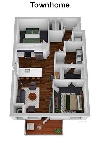 A top-down view of a townhome layout with labeled rooms.
