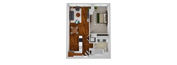 A small apartment with a bedroom and a living room.