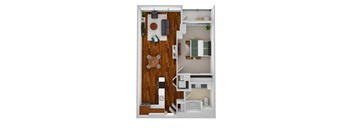 A top down view of a small apartment with a kitchen, living room and bedroom.