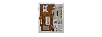 A top down view of a small apartment with a kitchen, living room, and bathroom.