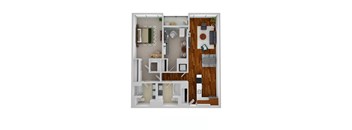 A 3D floor plan of a small apartment with a kitchen, living room, and bathroom.