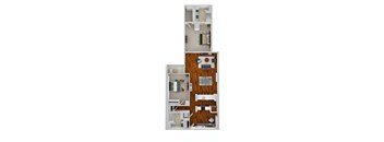 A 3D floor plan of a two-bedroom apartment.