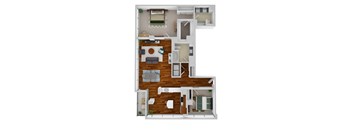 A 3D floor plan of a house with a kitchen, living room, dining room, and bathroom.