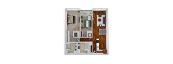 A 3D floor plan of a small apartment with a kitchen, living room, and bathroom.