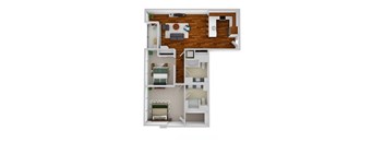 A top-down view of a small apartment with a living room, kitchen, and bedroom.