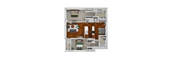 A top down view of a house layout with a living room, kitchen, dining room, and bedrooms.
