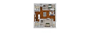 A 3D floor plan of a house with a living room, kitchen, and two bedrooms.