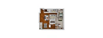 A top-down view of a small apartment with a kitchen, living room, and bedroom.
