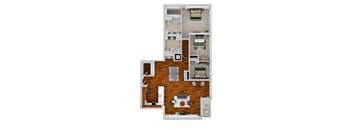 A 3D floor plan of a house with a kitchen, living room, and bedrooms.