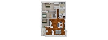 A floor plan of a house with a kitchen, living room, dining room, and two bedrooms.