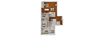 A 3D floor plan of a small apartment with a kitchen, living room, and bathroom.