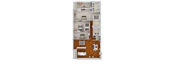 A floor plan of a two-story apartment with a living room, dining room, kitchen, and bedrooms.