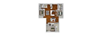 A floor plan of a house with a kitchen, living room, dining room, and two bedrooms.