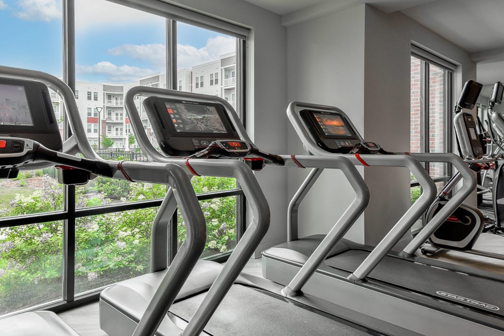 A row of treadmills in a gym with a view of a residential area outside the window.