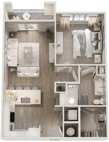 A series of images showing a top-down view of a small, neatly organized apartment.