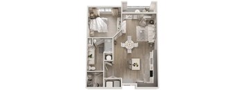 A top-down view of a small, neatly organized apartment with a kitchen, living room, and bathroom.