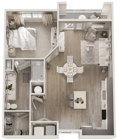 A top-down view of a small, neatly organized apartment with a kitchen, living room, and bathroom.