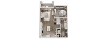 A top-down view of a small, neatly organized apartment with a kitchen, living room, and bathroom.