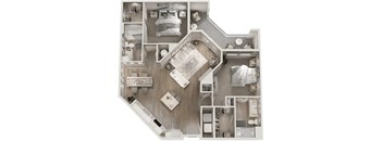 A floor plan of a house with a bedroom, bathroom, kitchen, and living room.