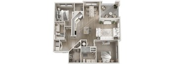 A top-down view of a small apartment with a kitchen, living room, and bathroom.