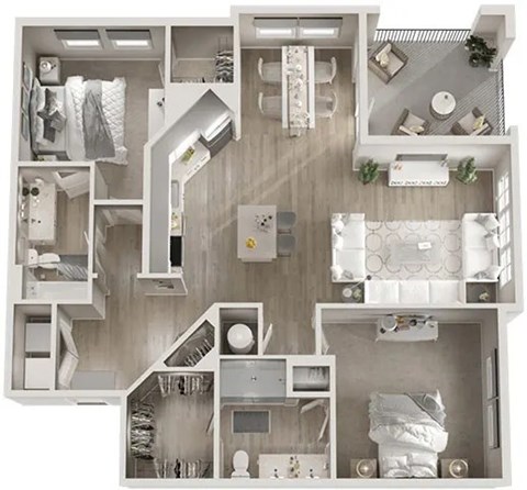 A top-down view of a small apartment with a kitchen, living room, and bathroom.