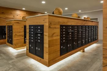 A wooden cabinet with black drawers is illuminated by lights.