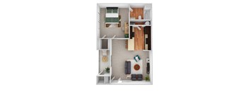 A top-down view of a small apartment with a kitchen, living room, and bedroom.