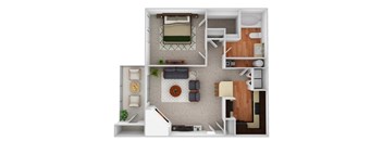 A top-down view of a small apartment with a bedroom, living room, and kitchen.