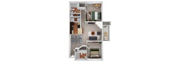 A 3D floor plan of a small apartment with a kitchen, living room, and bedroom.