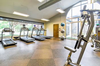A gym with treadmills, exercise balls, and a weight machine.