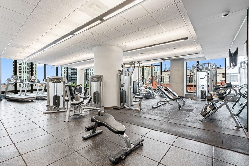 A gym with a variety of equipment including treadmills, weights, and benches.