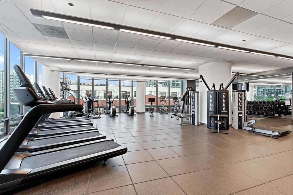 A gym with treadmills, weights, and other exercise equipment.