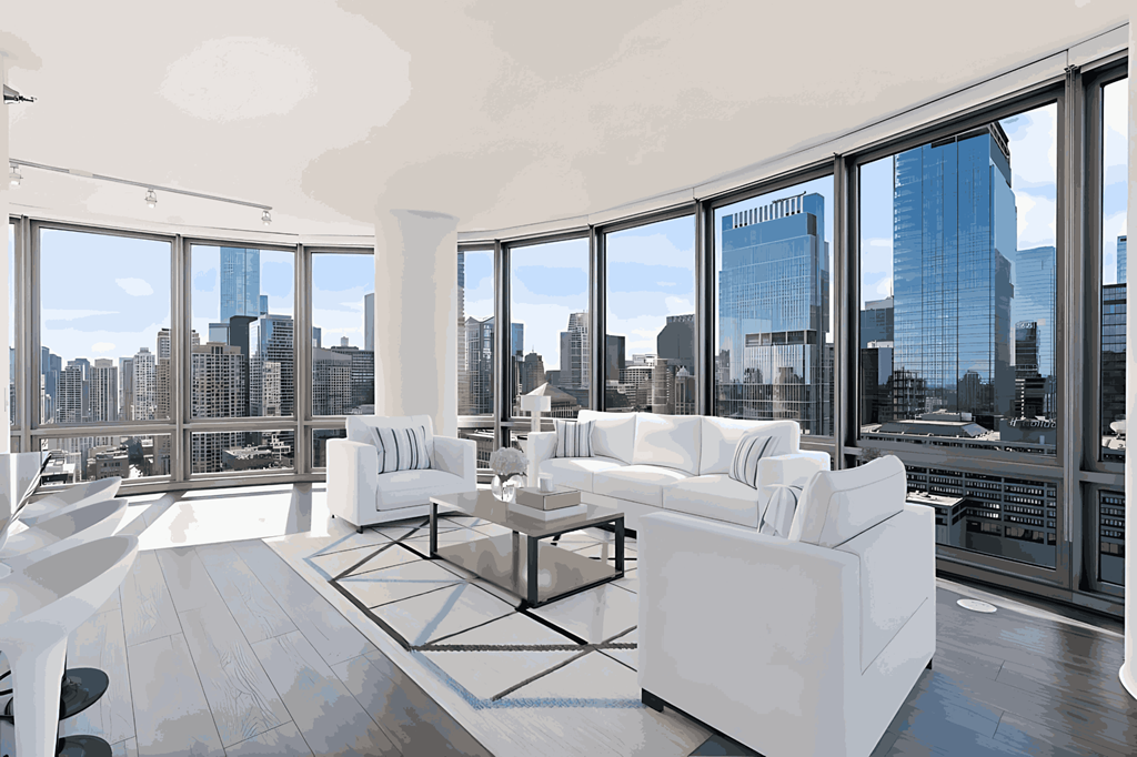 A white living room with a view of the city.