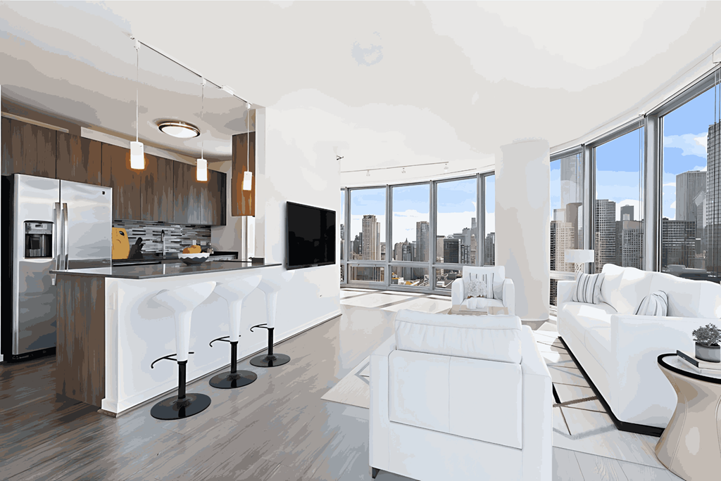 A modern kitchen with white furniture and a city view through the windows.
