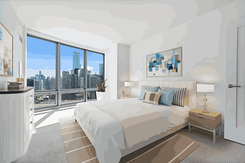 A bedroom with a large bed and a view of the city.