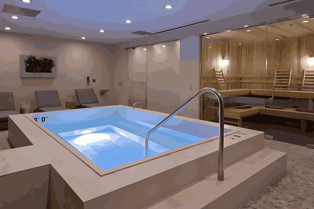 A hot tub in a room with a wooden wall and a ladder.