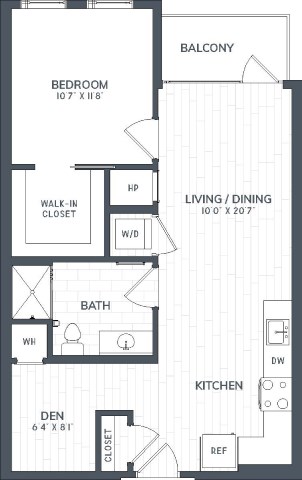 A floor plan of an apartment with a balcony, bedroom, living/dining area, bathroom, kitchen, and den.