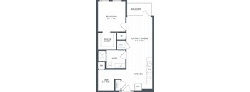 A floor plan of an apartment with a balcony, bedroom, living/dining area, kitchen, bathroom, and den.