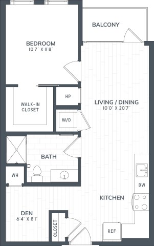 A floor plan of an apartment with a balcony, bedroom, living/dining area, kitchen, bathroom, and den.