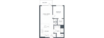 A black and white image of a floor plan for a home with a balcony, living/dining area, kitchen, bathroom, and bedroom.