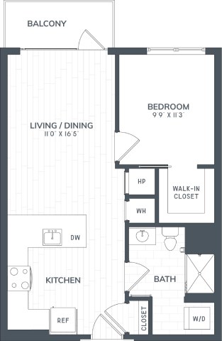 A black and white image of a floor plan for a home with a balcony, living/dining area, kitchen, bathroom, and bedroom.