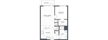 A floor plan of an apartment with a living room, dining room, kitchen, bathroom, and bedroom.